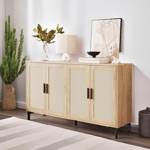 Sideboard - Kitchen Buffet Cabinet with Rattan Decorated Doors, Accent Cabinets with Doors, Coffee Bar Cabinets Rattan Sideboard Buffet Cabinet with Storage (Natural with 4 Doors)