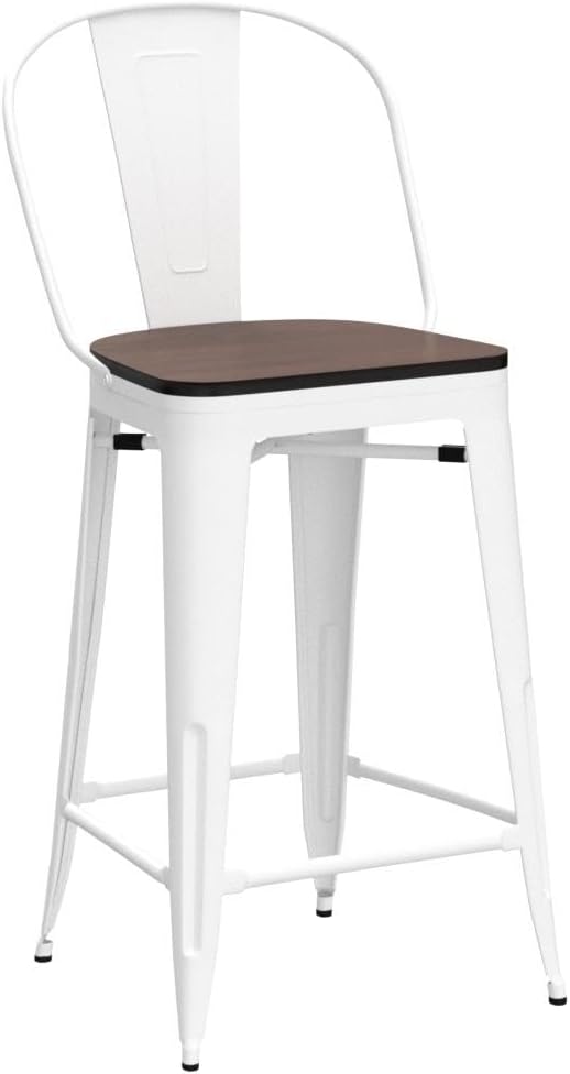 Yongqiang 30 inch Bar Stools Set of 4 Farmhouse Bar Height Stools High Back Kitchen Bar Chairs Cream White Metal Barstools with Large Wooden Seat