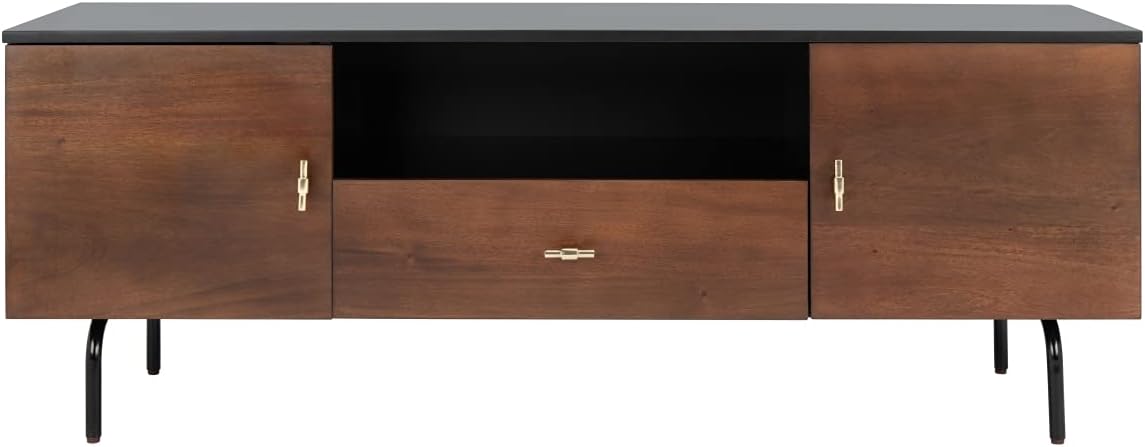 SAFAVIEH Genevieve TV Stand for up to 65" Flatscreen – Black & Walnut Brown Finish, Mid-Century Modern Storage Cabinet, Entertainment Media Console (MED5000F)