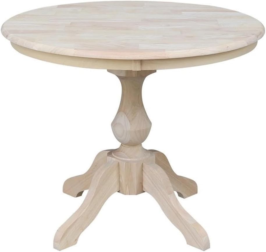 IC International Concepts, 36" Round Top Pedestal Dining Table, 29.9" High, Solid Real Wood, Sturdy Parawood, DIY, Paint/Stain Ready, Unfinished