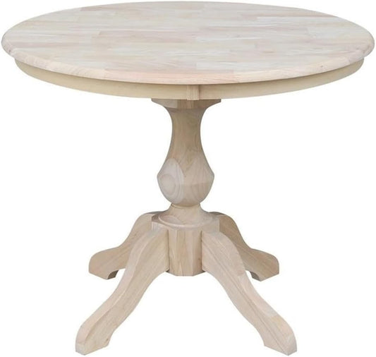 IC International Concepts, 36" Round Top Pedestal Dining Table, 29.9" High, Solid Real Wood, Sturdy Parawood, DIY, Paint/Stain Ready, Unfinished