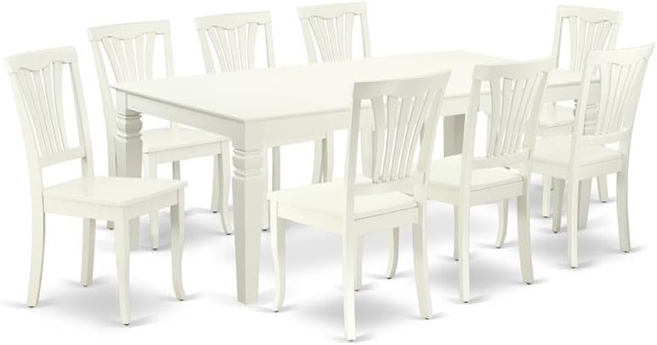 East West Furniture LGAV9-LWH-W 9 Piece Dining Room Furniture Set Includes a Rectangle Kitchen Table with Butterfly Leaf and 8 Dining Chairs, 42x84 Inch, Linen White