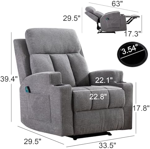 Phoenix Home Manual Recliner Chair with Massage and Heat Ergonomic Overstuffed Breathable Fabric Reclining Chair with 2 Side Pockets, 2 Cup Holders, Remote Control, Living Room, Bedroom, Gray