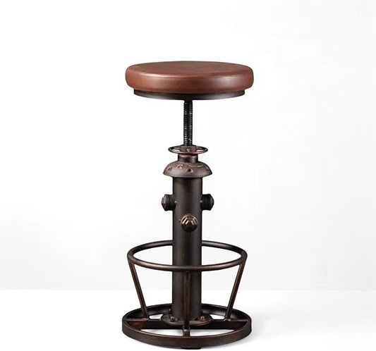 Vintage Swivel Bar Stools Industrial Leather Seat Bar Stool Fire Hydrant Design Kitchen Dinning Chair 24-30inch Height Adjustable with Footrest