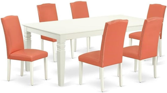 East West Furniture LGEN7-LWH-78 7 Piece Dining Set Consist of a Rectangle Dining Room Table with Butterfly Leaf and 6 Pink Flamingo Faux Leather Upholstered Chairs, 42x84 Inch, Linen White