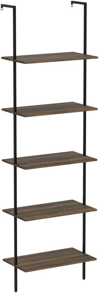 5 Tiers Ladder Shelf 2-Piece Black Modern Tall Bookshelf Open Large Tall Wall Mount Storage Bookcase Standing Leaning Wall Shelves Industrial Decorative (Brown)