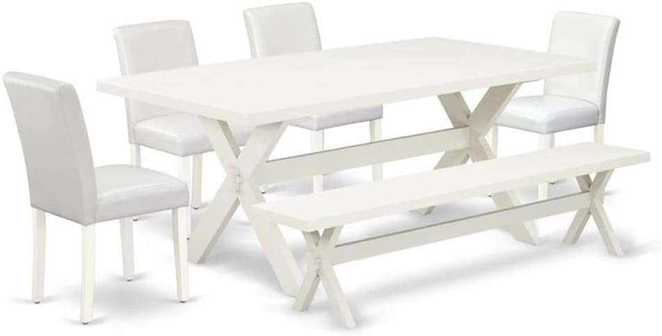 East West Furniture X027AB264-6 6 Piece Dining Table Set Contains a Rectangle Kitchen Table with X-Legs and 4 White Faux Leather Upholstered Chairs with a Bench, 40x72 Inch, Multi-Color