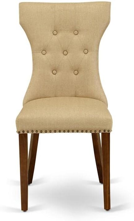 East West Furniture GAP8T03 Gallatin Parson Dining Chairs - Button Tufted Nailhead Trim Brown Linen Fabric Upholstered Chairs, Set of 2, Walnut