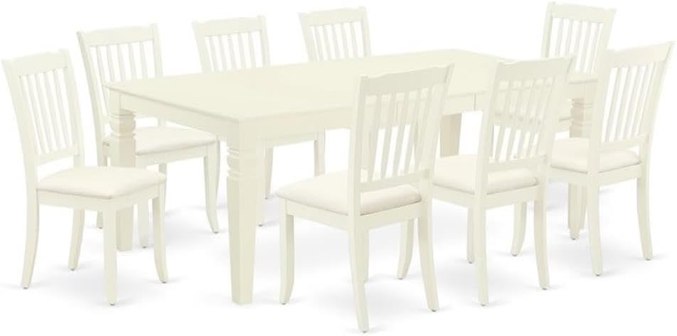 East West Furniture LGDA9-LWH-C 9 Piece Dining Table Set Includes a Rectangle Dinner Table with Butterfly Leaf and 8 Linen Fabric Dining Room Chairs, 42x84 Inch, Linen White