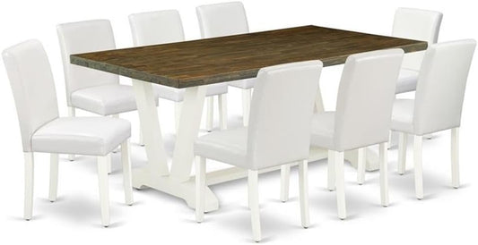 East West Furniture V077AB264-9 9 Piece Modern Dining Table Set Includes a Rectangle Wooden Table with V-Legs and 8 White Faux Leather Parson Dining Room Chairs, 40x72 Inch, Multi-Color