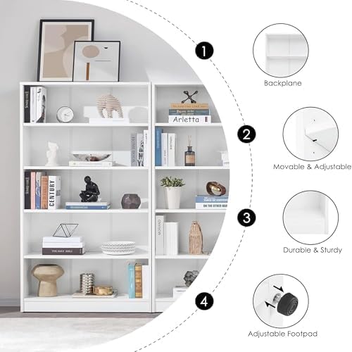 Bookshelf, 5 Wooden Book Shelf Bookcase with Freestanding Display Storage, Open Modern Bookshelf for Bedroom, Living Room, Dinning Room, Office, 60Inch, White