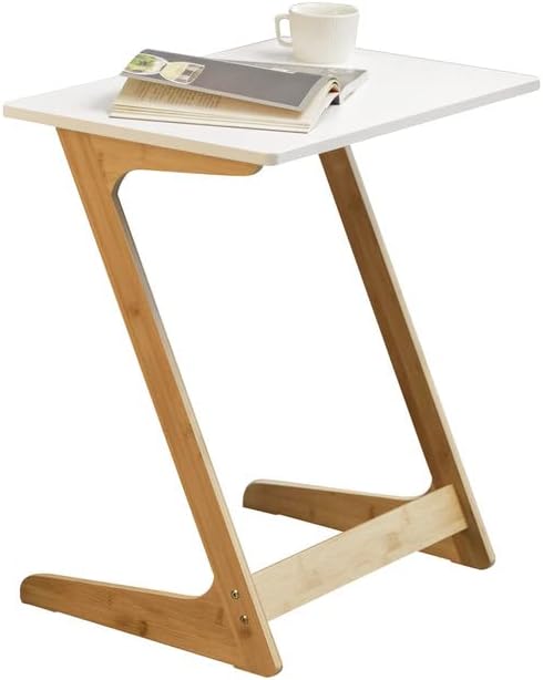 Forevich Bamboo Modern Tv Trays Table for Eating, Wood Couch Table End Snack Desk Sofa Side Table Z Shaped White