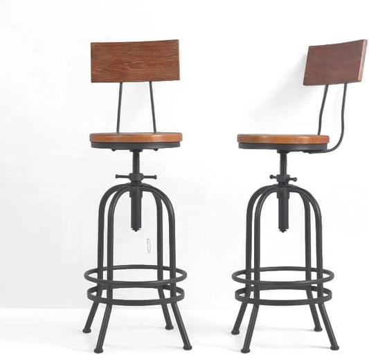 Set of 2-Industrial Bar Stools with Backrest-Swivel Wood Seat-Bar Counter Height Adjustable 26-32.2inch-Kitchen Island Dining Chair