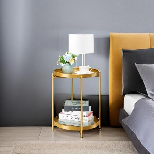 danpinera 2-Tier End Table, Outdoor Side Table Metal Round Side Table with Removable Tray, Small Folding Accent Table, Anti-Rust Nightstand for Bedroom Balcony Patio Living Room (Gold)