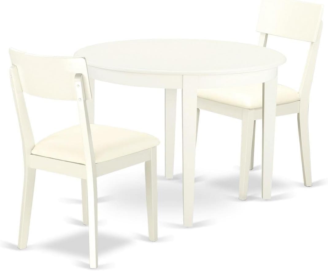 East West Furniture BOAD3-LWH-LC 3 Piece Dining Table Set for Small Spaces Contains a Round Kitchen Table and 2 Faux Leather Kitchen Dining Chairs, 42x42 Inch, Linen White