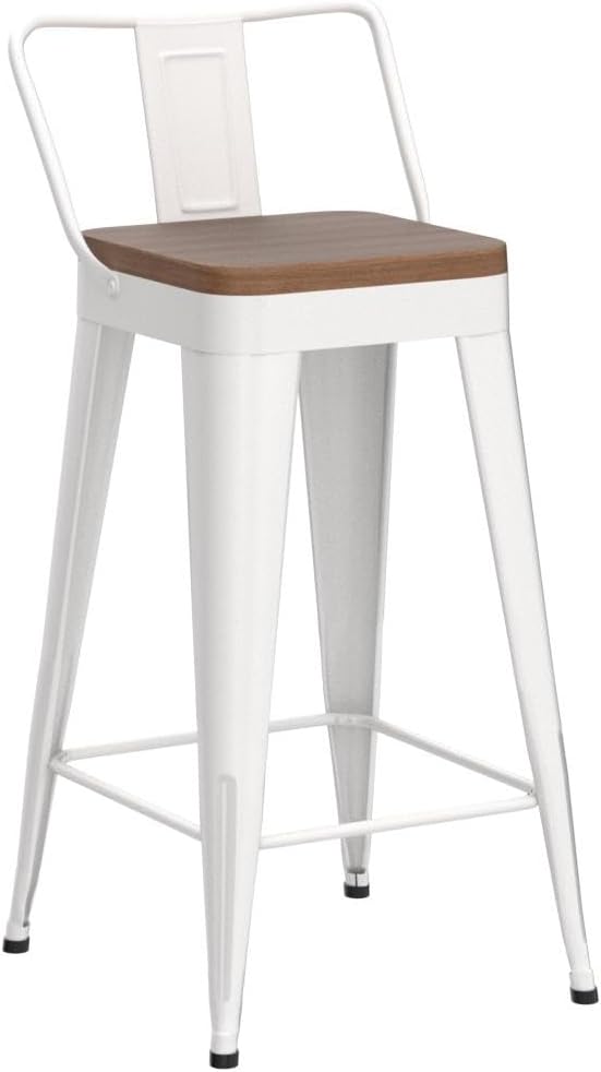 WENTMENT Metal Bar Stools Set of 4 Counter Height Stools Barstools with Removable Back 24" Kitchen Bar Stools with Wooden Seat, White