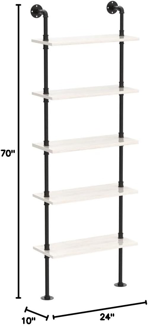 Pipe Shelves, 5 Tier Industrial Ladder Bookcase, Wall Mounted Metal Wood Rustic Bookshelf (White, 5 Tier - 10" D x 24" W x 70" H)