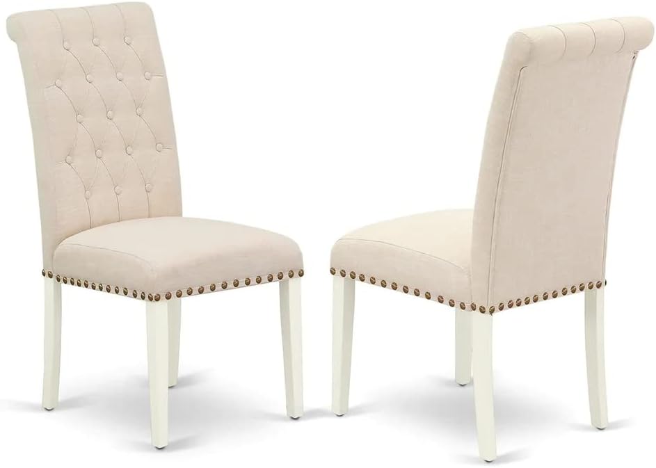 East West Furniture OXBR5-LWH-02 5 Piece Kitchen Table Set for 4 Includes a Square Dining Room Table and 4 Light Beige Linen Fabric Upholstered Parson Chairs, 36x36 Inch, Linen White