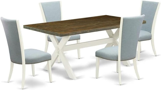 East West Furniture X077VE215-5 5 Piece Kitchen Table & Chairs Set Includes a Rectangle Dining Room Table with X-Legs and 4 Baby Blue Linen Fabric Parsons Chairs, 40x72 Inch, Multi-Color