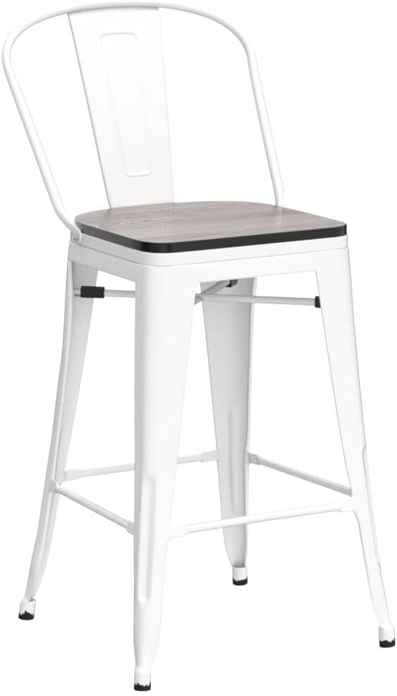 Yongqiang Metal Bar Stools Set of 4 Kitchen Island Counter Height Bar Stools High Back Farmhouse Barstools with Large Wooden Seat 24 inch Cream White