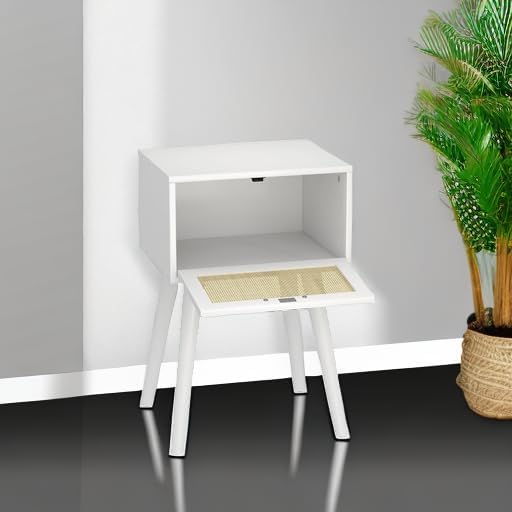 LAATOOREE Table, Nightstand Set of 2 - Small End Table with Rattan Door, Boho Style for Bedroom Living Room - White