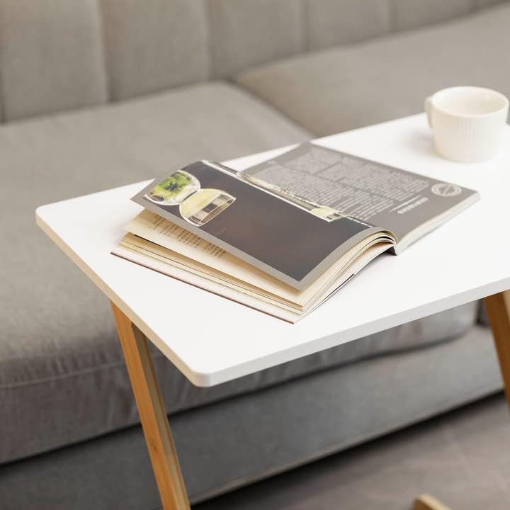 Forevich Bamboo Modern Tv Trays Table for Eating, Wood Couch Table End Snack Desk Sofa Side Table Z Shaped White