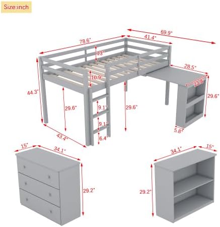 KEIKI Twin Size loft Bed with Pull-Out Desk & Drawers & Open Shelves, Wood Loft Bed with Guardrail, Low Twin Bed for Kids, Grey