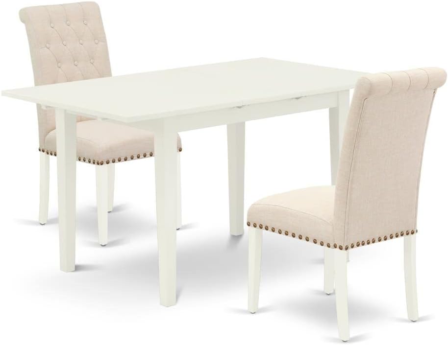East West Furniture NOBR3-LWH-02 3 Piece Kitchen Table Set Contains a Rectangle Dining Room Table with Butterfly Leaf and 2 Light Beige Linen Fabric Parsons Chairs, 32x54 Inch, Linen White