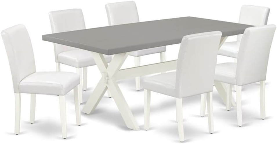 East West Furniture X097AB264-7 7 Piece Dining Table Set Consist of a Rectangle Dining Room Table with X-Legs and 6 White Faux Leather Upholstered Chairs, 40x72 Inch, Multi-Color