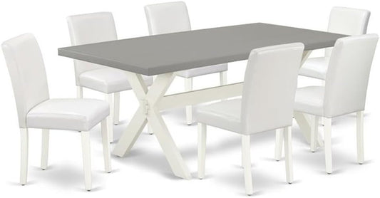 East West Furniture X097AB264-7 7 Piece Dining Table Set Consist of a Rectangle Dining Room Table with X-Legs and 6 White Faux Leather Upholstered Chairs, 40x72 Inch, Multi-Color