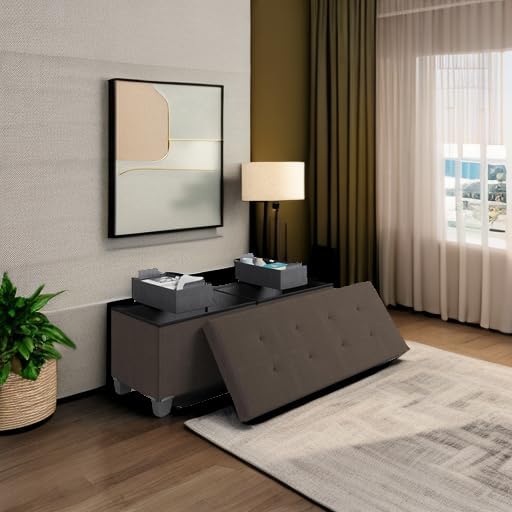 STORAGEBUD Storage Ottoman Bench with Bins, 43-in Storage Bench for Bedroom End of Bed, Folding Foot Rest Ottoman for Living Room Max 660lbs, Fabric Ottomans, Brown