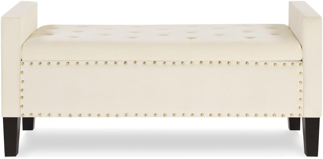 24KF Velvet Modern Upholstered Tufted Button Storage Bench with Arms for Bedroom,Entryway Living Room Soft Padded Seat-Cream