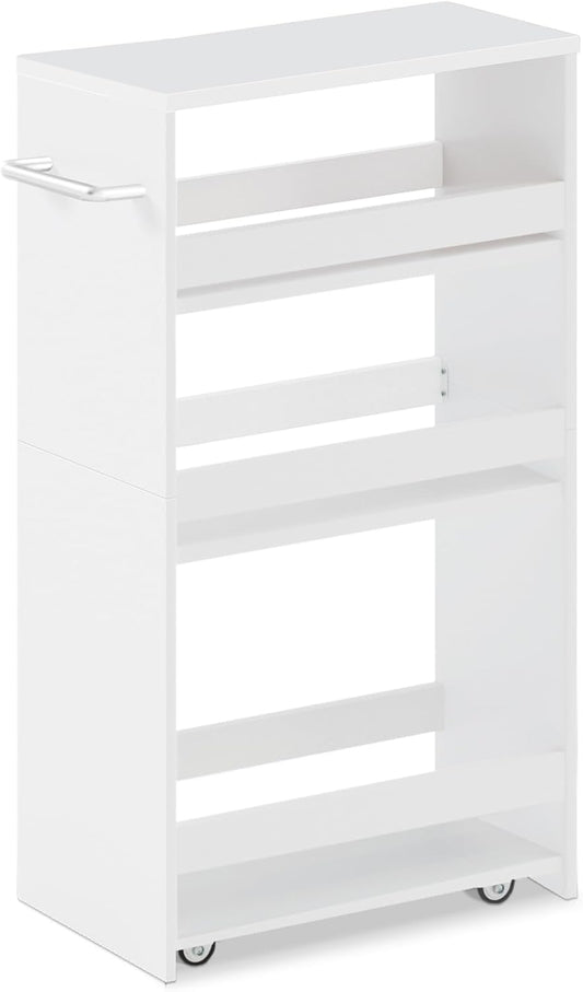 MARTY Rolling Storage Cart 7.9" W, 4-Tier Kitchen Cart with Wheels Handle, Slim Storage Cart Mobile Shelving Utility Carts for Bathroom Laundry Room Organization Narrow Places (All White)