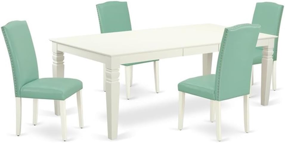 East West Furniture LGEN5-LWH-57 5 Piece Dining Room Table Set Includes a Rectangle Kitchen Table with Butterfly Leaf and 4 Pond Faux Leather Parson Dining Chairs, 42x84 Inch, Linen White