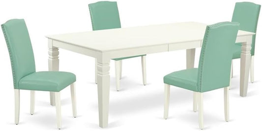East West Furniture LGEN5-LWH-57 5 Piece Dining Room Table Set Includes a Rectangle Kitchen Table with Butterfly Leaf and 4 Pond Faux Leather Parson Dining Chairs, 42x84 Inch, Linen White