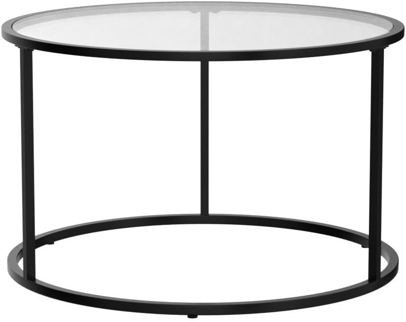 SAYGOER Round Coffee Table Glass Coffee Tables for Small Space Simple Modern Center Table for Living Room Home Office, Sofa Side Table with Metal Steel Frame, Easy Assembly, Gray Black