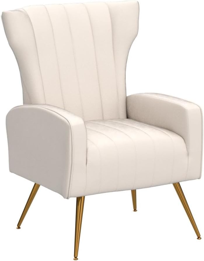 Container Furniture Direct Modern Velvet Accent Chair, Channel Tufted Bedroom, Office or Living Room Furniture with Elegant Metal Legs, 26" Wide Armchair, Beige