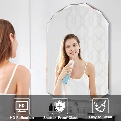 KOCUUY 30"x48" Frameless Mirror, Arched Shape with Diamond-Shaped Beveled Edge,Unframed Decorative with Upgraded Shatterproof Glass,Unique Frameless Mirror for Bathroom,Living Room,Bedroom