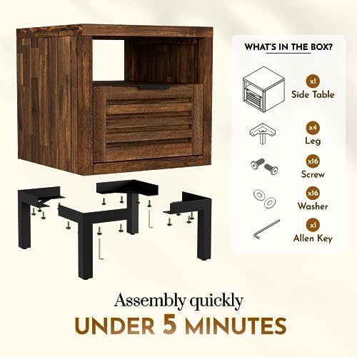 Bme Millie Solid Acacia Wood Rustic Nightstand with Drawers & Open Shelf, Pre-Assembled Modern Industrial Side Table for Bedroom or Living Room Use