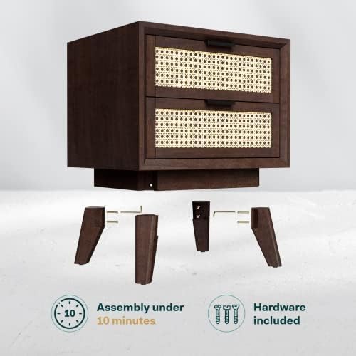 Bme Jasper Deluxe Solid Wood Rattan Nightstand Fully Assembled - Mid Century Modern Side Table with 2 Drawers - Multipurpose use for Living Room, Bedroom - Walnut