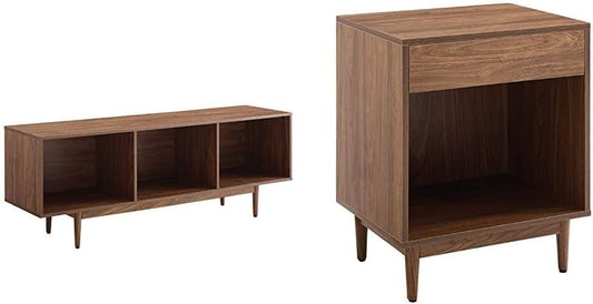 Crosley Furniture Liam Mid-Century Record Storage Console Cabinet, Large, Walnut & CF1117-WA Liam Mid-Century Record Storage End Table, Walnut