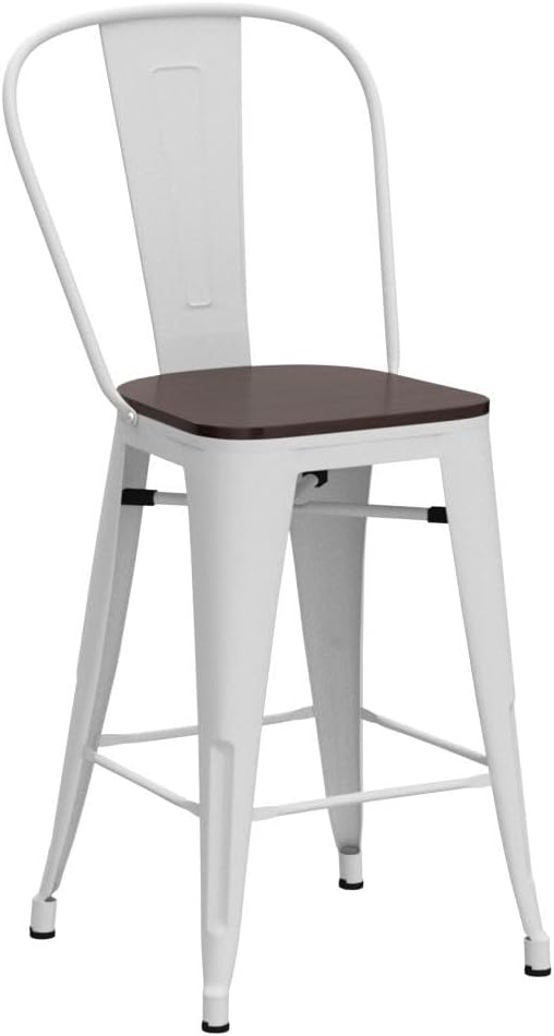 Yongqiang 26 inch Metal Bar Stools Set of 4 Farmhouse Kitchen Island Counter Height Bar Chairs High Back Barstools with Large Wooden Seat Cream White