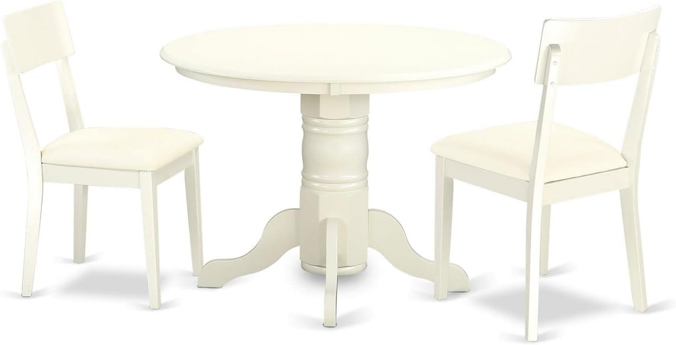 East West Furniture SHAD3-LWH-LC 3 Piece Kitchen Table & Chairs Set Contains a Round Dining Room Table with Pedestal and 2 Faux Leather Upholstered Chairs, 42x42 Inch, Linen White