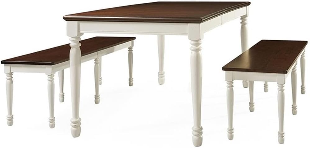Crosley Furniture Shelby 3-Piece Traditional Dining Table Set for 6 with 2 Wood Benches, Distressed White