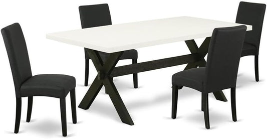 East West Furniture X627DR124-5 5 Piece Dining Set Includes a Rectangle Dining Room Table with X-Legs and 4 Black Color Linen Fabric Upholstered Parson Chairs, 40x72 Inch, Multi-Color