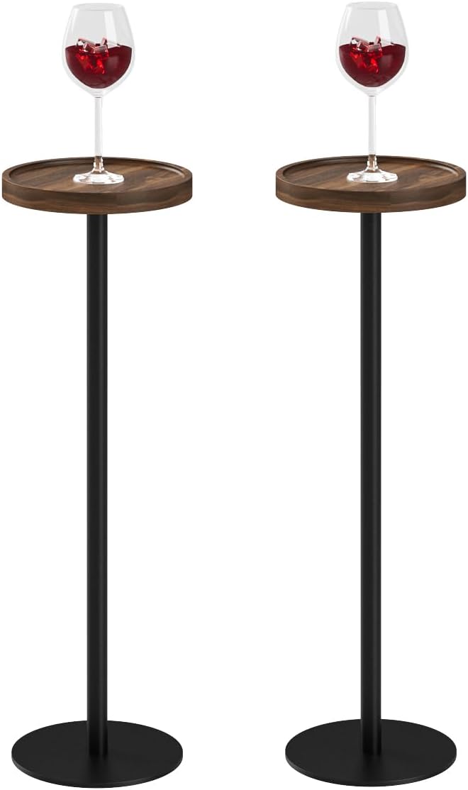 Drink Table, Small Pedestal Side Table, Round Cocktail Table, Circle Accent End Table with Metal Base, for Small Spaces (2, Brown Walnut)