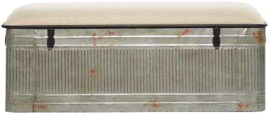 Deco 79 Metal Room Storage Bench Galvanized Entryway Bench with Cream Burlap Top, Bench 50" x 16" x 18", Gray