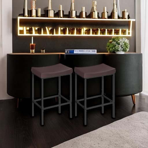 HOOBRO Bar Chairs, Set of 2 Counter Height Saddle Stools with Curved Surface, 24.8 Inches, 2.4" Thick Upholstery, for Kitchen and Dining Room, Brown and Black BC10BY01