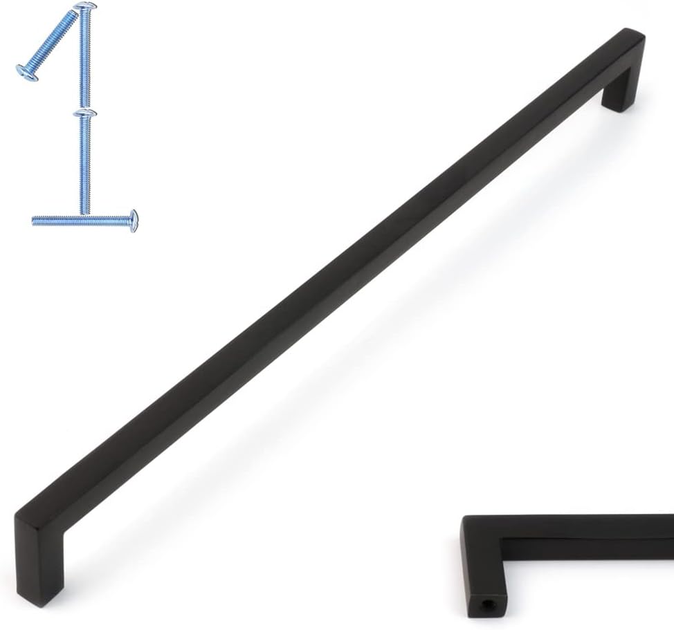 KOOFIZO Solid Square Bar Cabinet Handle - Black Furniture Pull, 12.6 Inch/320mm Screwhole Distance, 1-Piece for Kitchen Cupboard Door, Bedroom Dresser Drawer, Bathroom Wardrobe Hardware