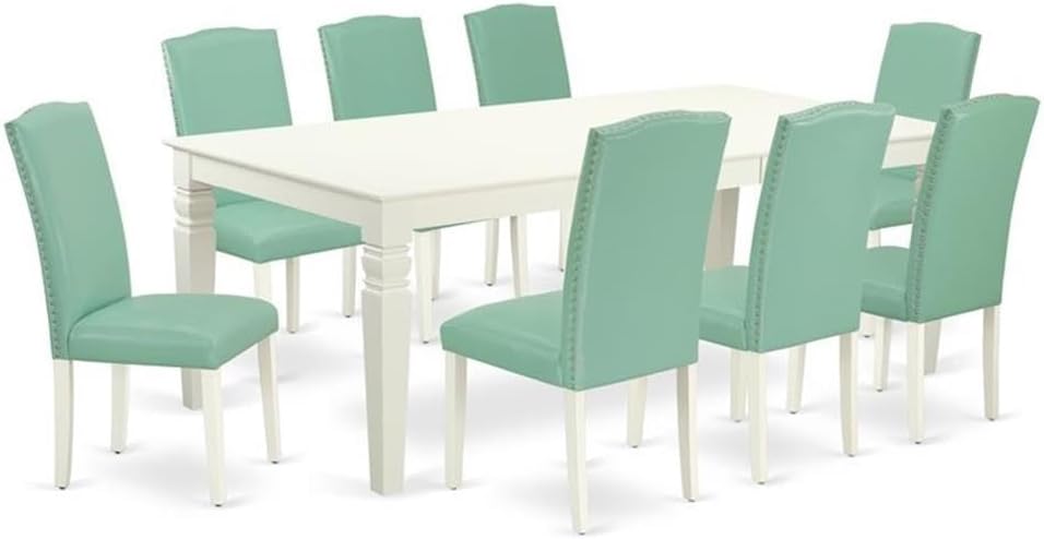 East West Furniture LGEN9-LWH-57 9 Piece Modern Dining Table Set Includes a Rectangle Wooden Table with Butterfly Leaf and 8 Pond Faux Leather Upholstered Chairs, 42x84 Inch, Linen White